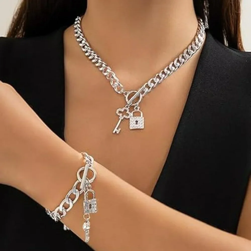 Cuban Link Necklace Bracelet Set‎ Dainty Rhinestone Lock Key Chain Choker Toggle